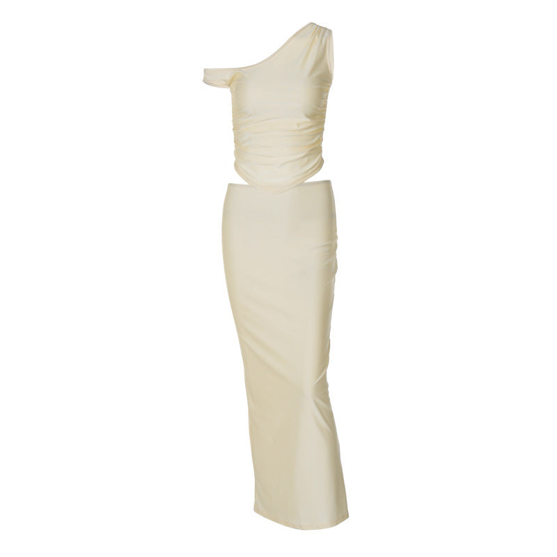 Oblique Shoulder Tops Long Skirt Two-piece Fashion Casual Set