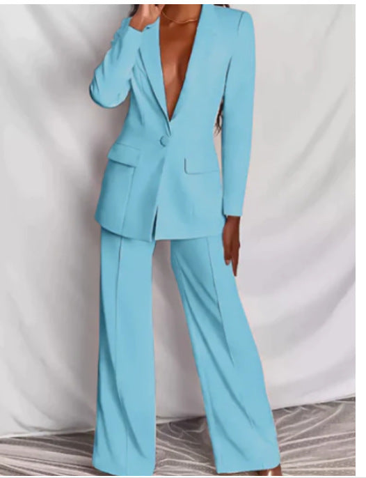 2 Piece SetSpring Elegant Solid Long Sleeve Blazer Suit And Pants For Women Autumn Classic OL Street Outfit
