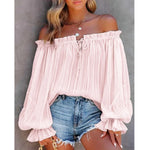 European And American New Off-shoulder Off-shoulder Top Off-shoulder Elastic Loose Bishop Sleeves Top