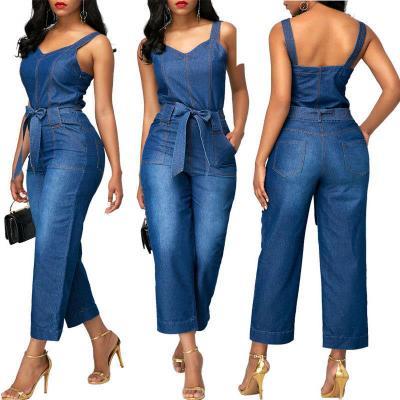 Classy Sling Bowknot Denim Jumpsuit