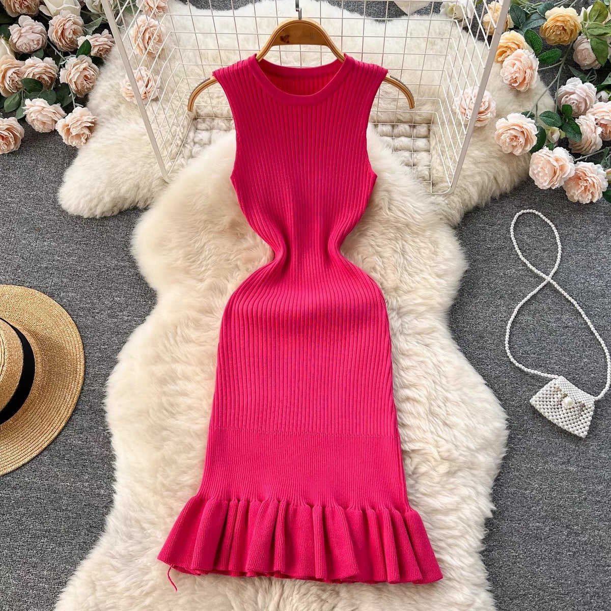 Sleeveless Slim Fit Inner Wear Package Hip Over-the-knee Pleated Fishtail Dress