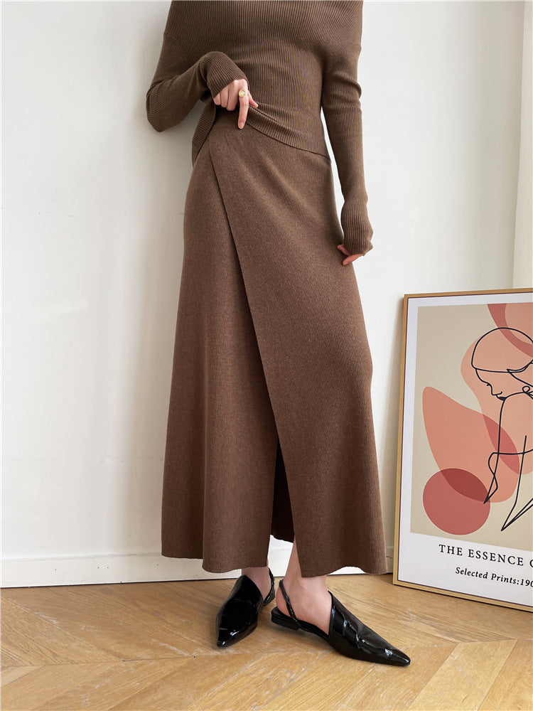 Autumn And Winter French Retro Cashmere Off-shoulder Irregular Top Two-piece Set