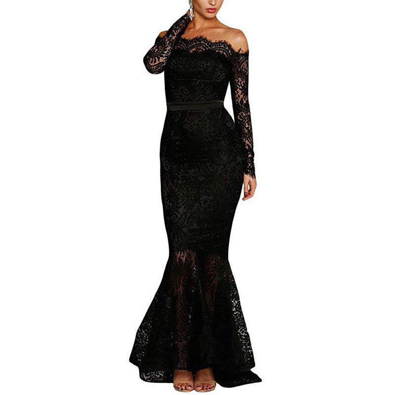 Slim lace off-the-shoulder fishtail wrap dress