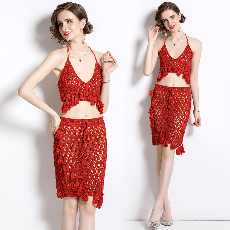 Vacation Style Hollow Tassel V-neck Tube Top Sling Top Wrapped Skirt Two-piece Suit For Women