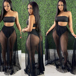 Fashion Women Mesh Pleated Skirt Three-piece Dress