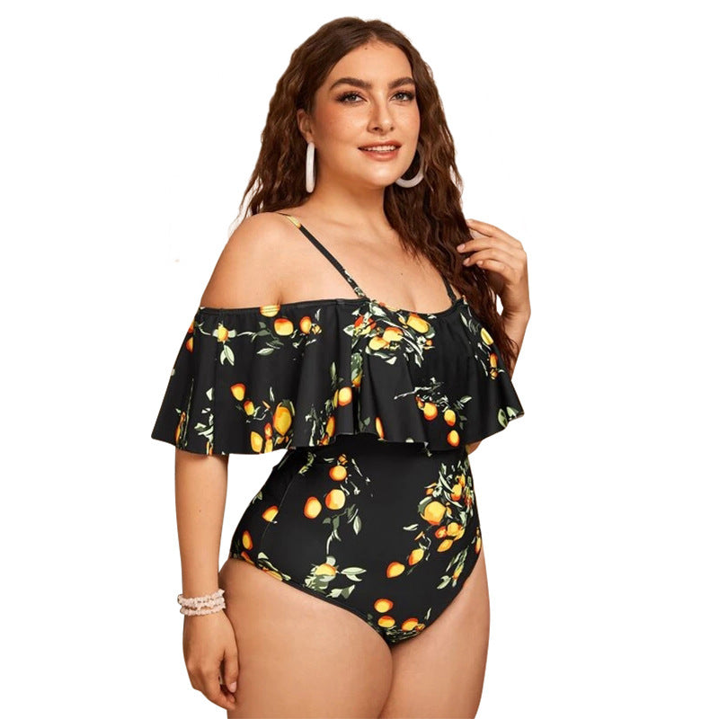 Swimsuit One-piece Off-shoulder Ruffle Sleeve Briefs Yellow Lime