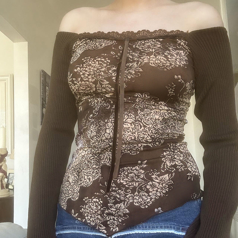 Retro Hot Girl Style Printing Off-shoulder Top