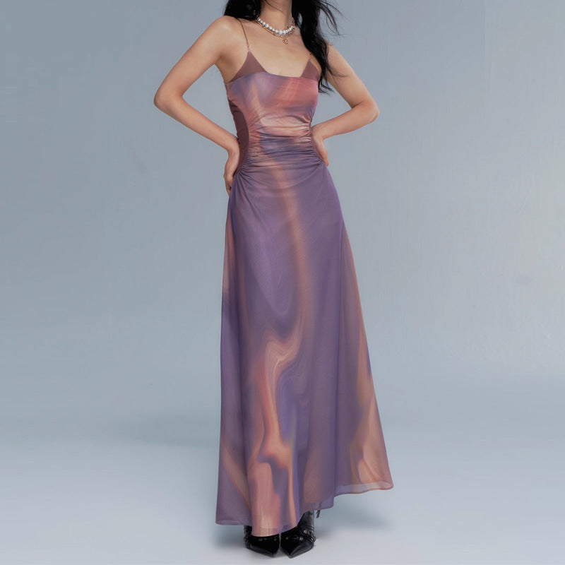 Vacation Style Contrast Color Pleated Off-the-shoulder Slip Dress