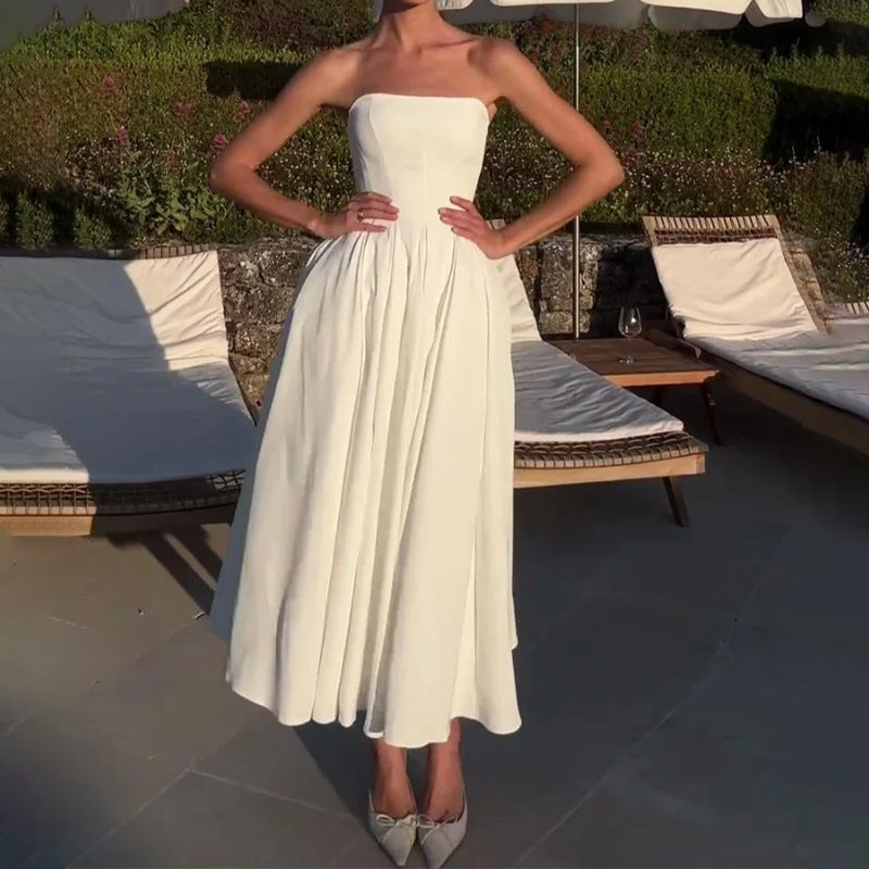 Fashion Off-shoulder Tube Top Pleated Dress