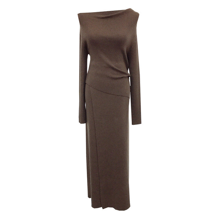 Autumn And Winter French Retro Cashmere Off-shoulder Irregular Top Two-piece Set