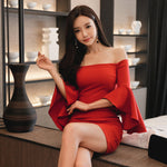 Off shoulder one line collar flared sleeve style skirt
