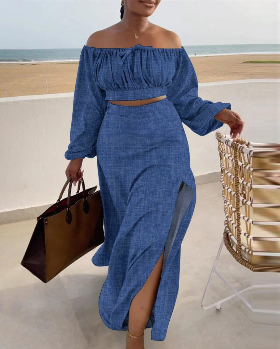 Cross-border Amazon Casual Off-the-shoulder Split Vacation Dress Two-piece Set