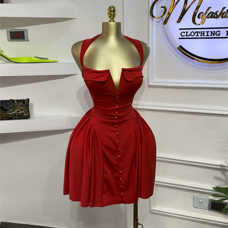 Square Collar Breasted Decorative High Waist Hip Skirt Skirt