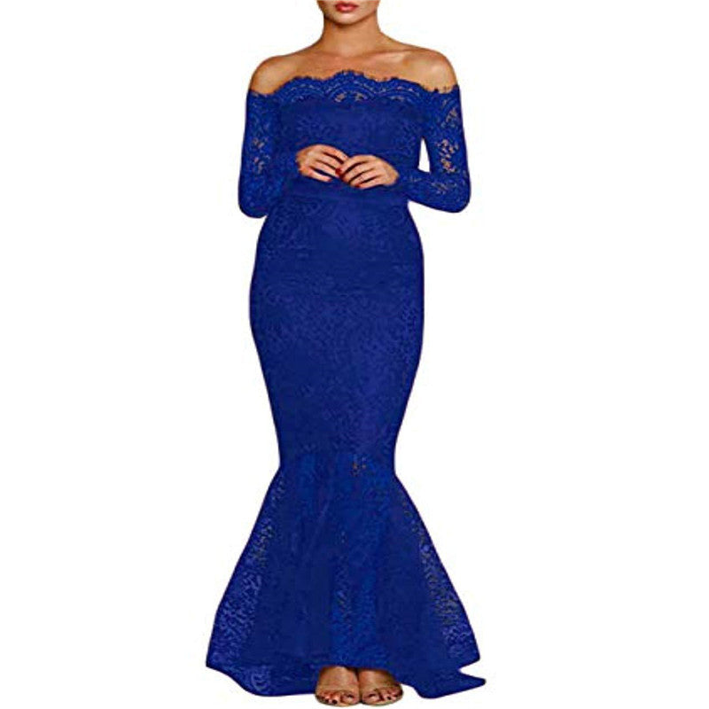 Slim lace off-the-shoulder fishtail wrap dress