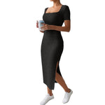 Square Collar Side Slit Rib Knit Dress