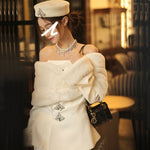 Women's Fashion Casual Off-shoulder Imitation Fox Fur Rhinestone Coat Short Skirt Two-piece Set