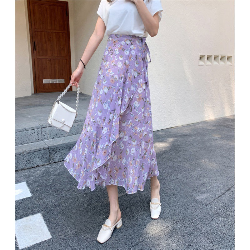 Vacation Style Floral Skirt Chiffon Dress Skirt One-piece Ruffled