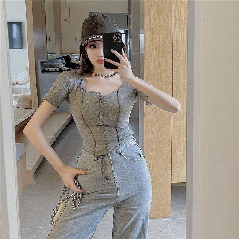 Thin Single-breasted Low Round Neck Short-sleeved Solid