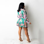 Sexy Women Printed Pleated Skirt Long Sleeve Short Skirt