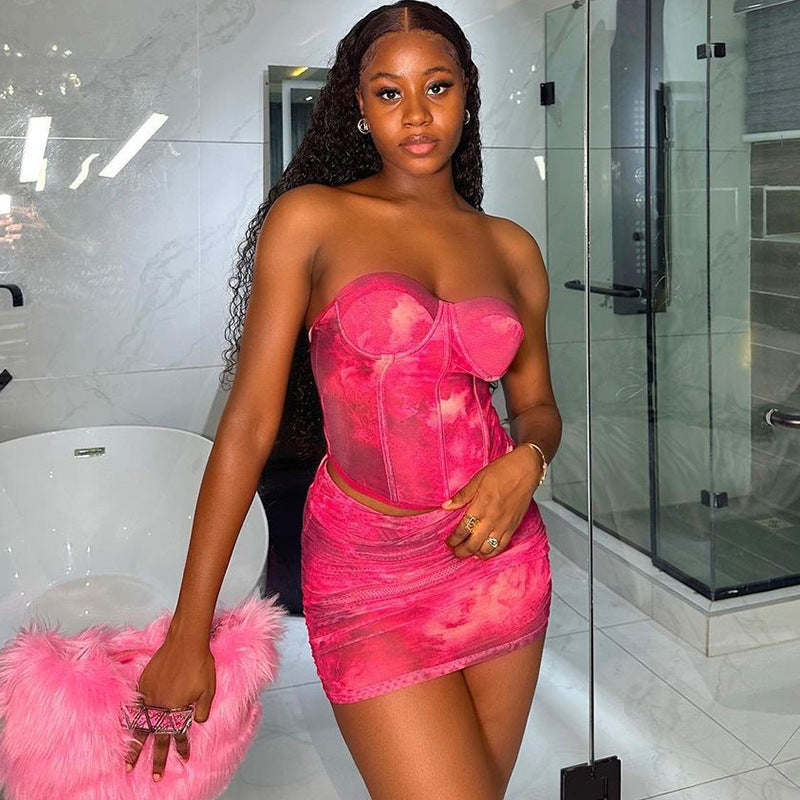 Sleeveless Chest Wrap Off-shoulder Backless Small Vest Fashion Printed Pleated Sexy Skirt Summer Suit