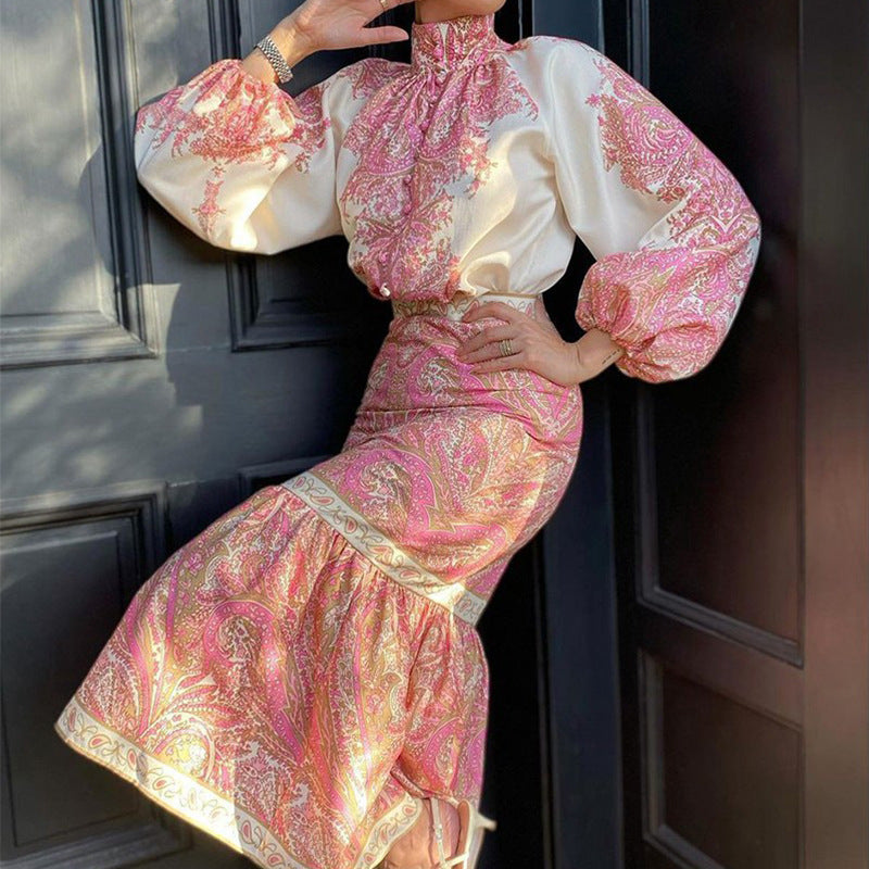New Bohemian Print Top Wrap Arm Skirt Suit Women