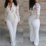 Best Selling Women v Neck Sexy Mesh White Lace Jumpsuit Fall Jumpsuits for Women