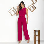 Women's Fashionable Round Neck Sleeveless Top High Waist Pocket Trousers Suit