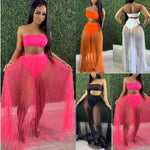 Fashion Women Mesh Pleated Skirt Three-piece Dress