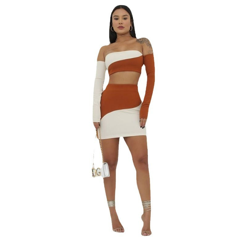 Off-shoulder Contrast-color Sheath Skirt Set Women