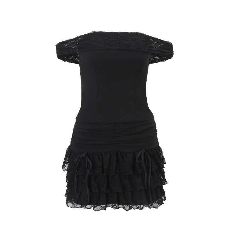 Off-shoulder Tube Top Seamed Lotus Leaf Edge Skirt Suit Women