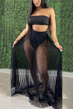 Fashion Women Mesh Pleated Skirt Three-piece Dress