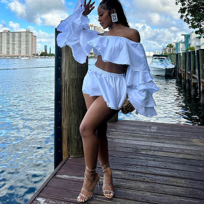 Fashion Ruffles Top Mini Skirt Two-piece Set