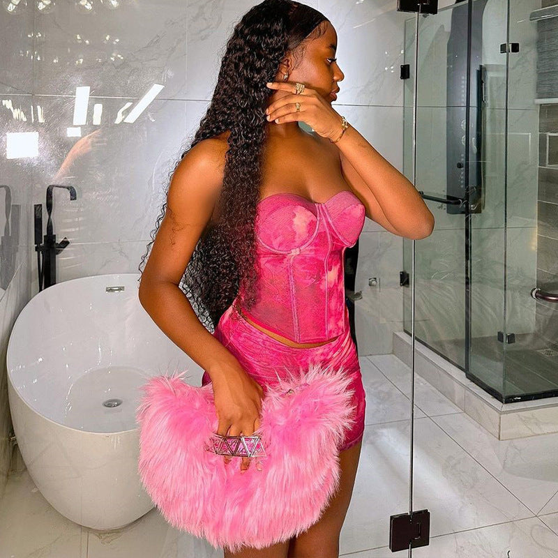 Sleeveless Chest Wrap Off-shoulder Backless Small Vest Fashion Printed Pleated Sexy Skirt Summer Suit
