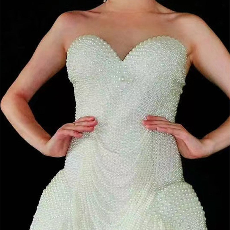 Women's Fashion White Beaded Tube Top Wrap Skinny Skirt