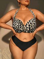 European And American Big Chest Hard Bag Plus Size Swimsuit Split High Waist Leopard Print Bikini