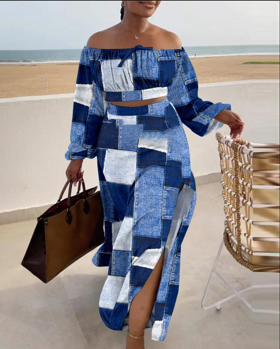 Cross-border Amazon Casual Off-the-shoulder Split Vacation Dress Two-piece Set