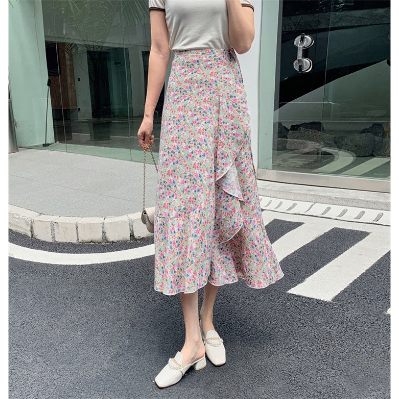 Vacation Style Floral Skirt Chiffon Dress Skirt One-piece Ruffled