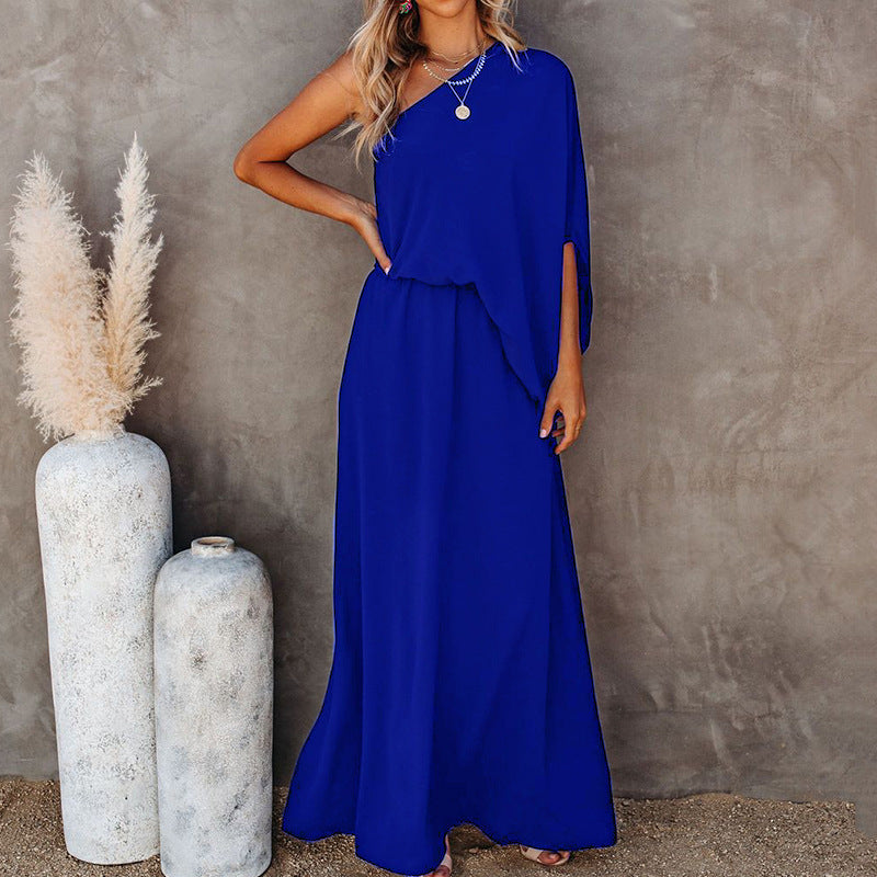 Fashion Dress Slant Collar Off Shoulder Side Slit Temperament Long Skirt Women
