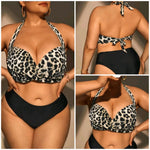 European And American Big Chest Hard Bag Plus Size Swimsuit Split High Waist Leopard Print Bikini