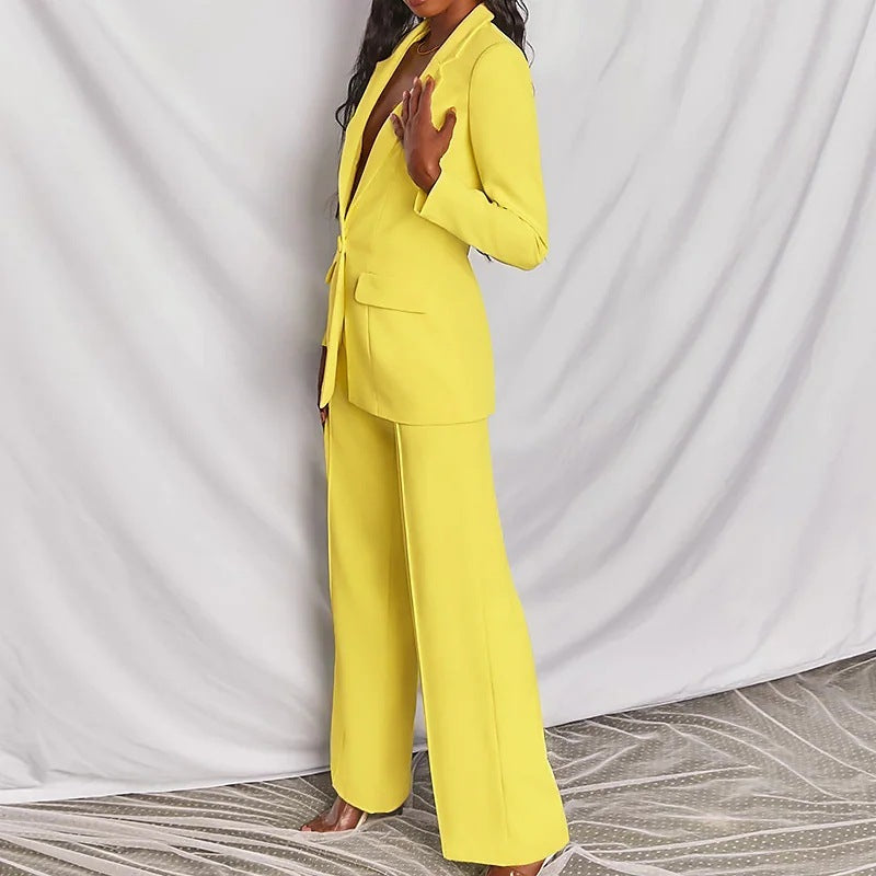 2 Piece SetSpring Elegant Solid Long Sleeve Blazer Suit And Pants For Women Autumn Classic OL Street Outfit