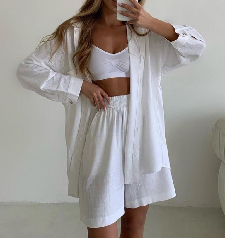 Single-breasted Long Sleeve Shirt Loose Casual Shorts Suit