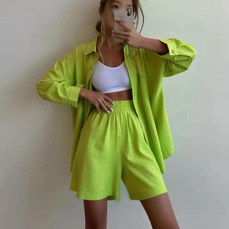 Single-breasted Long Sleeve Shirt Loose Casual Shorts Suit