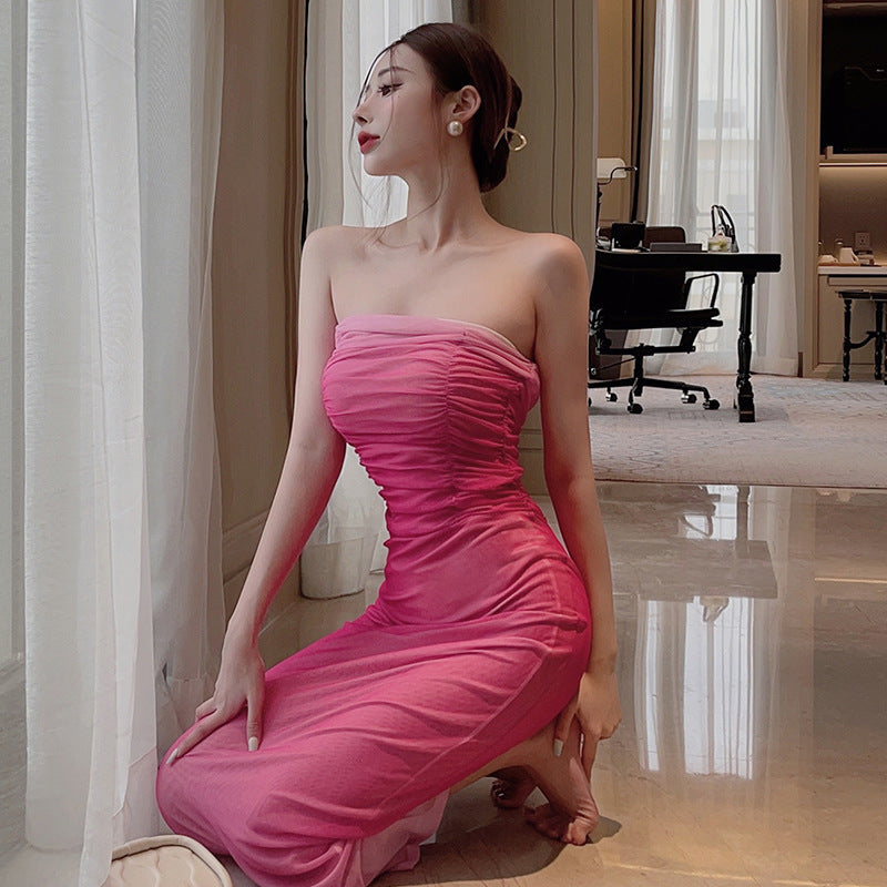 Off-shoulder Vacation Style Mid-length Gradient Handbag Hip Dress