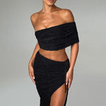 Off-shoulder Slim Tube Top Texture Split Skirt