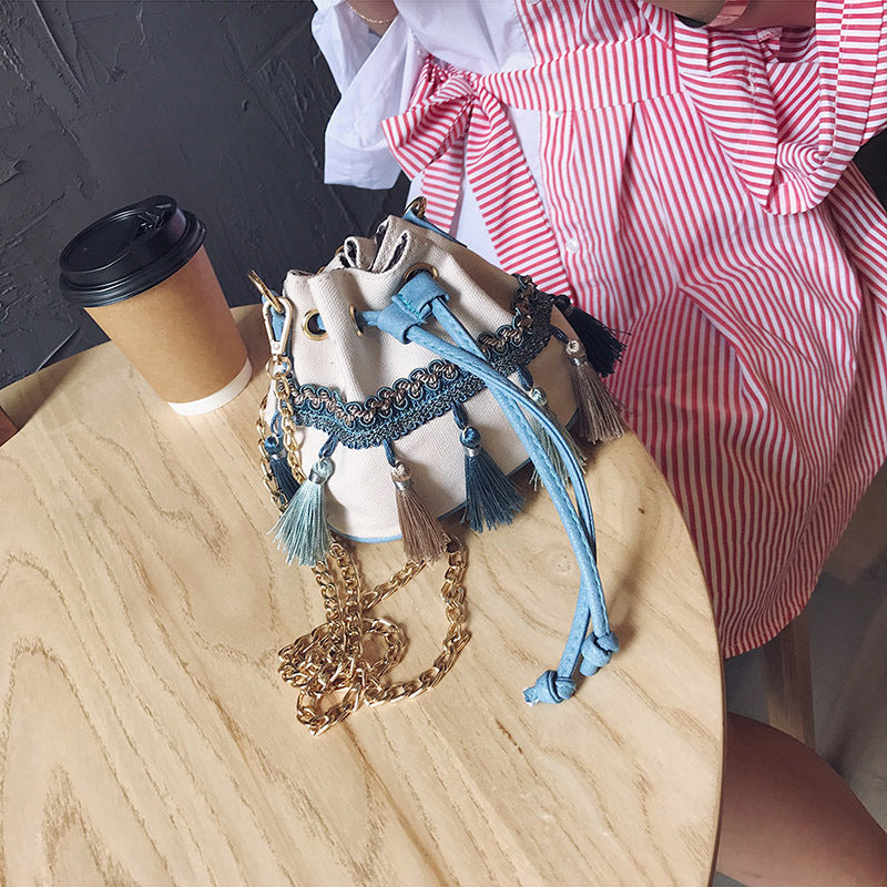 Ethnic Style Small Bag Women Fashion Tassel Shoulder Messenger Bag Mini Bucket Bag