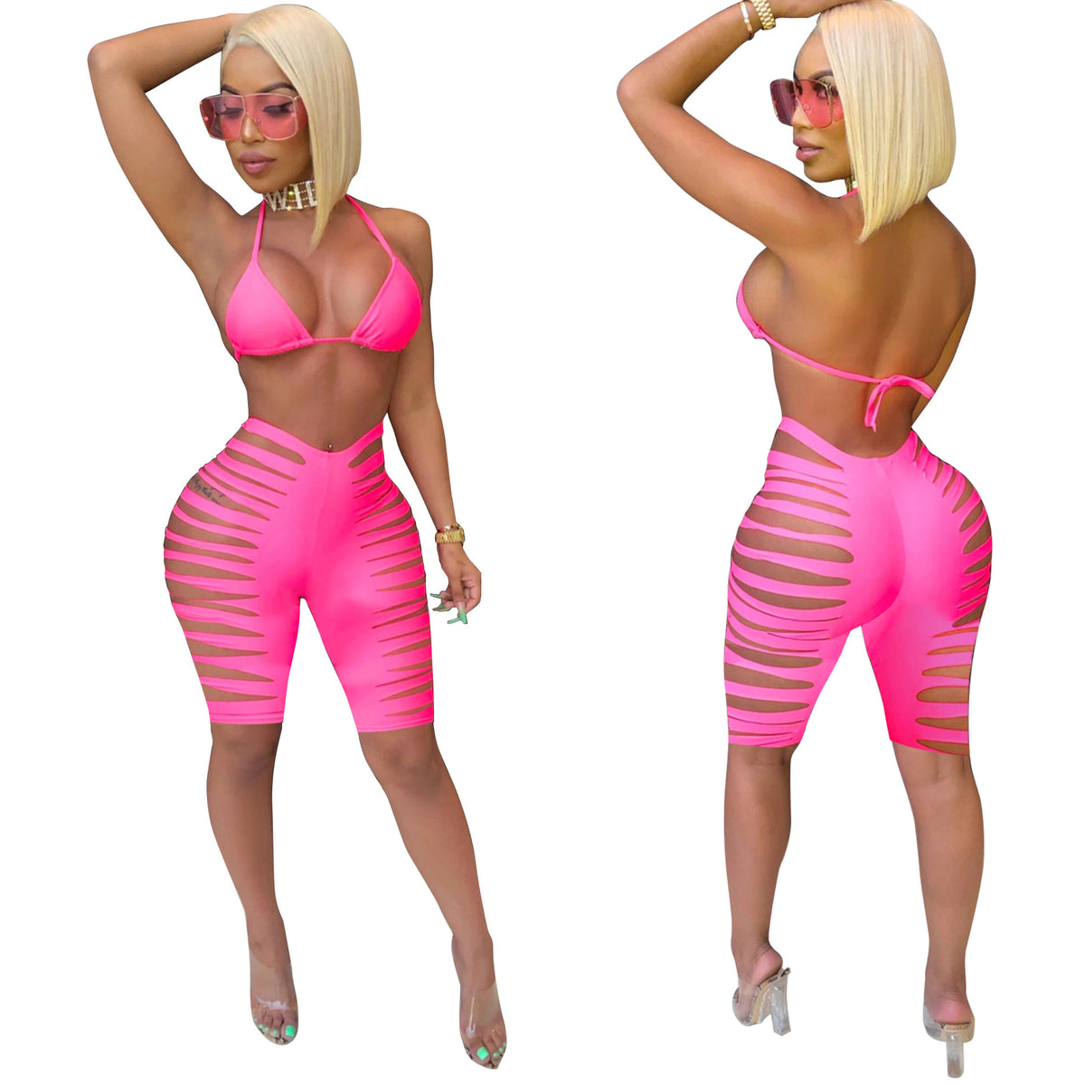 Burnt Flower Hole Swimsuit Vacation Two-piece Set