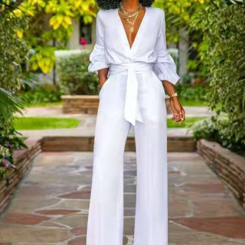 V-neck Long Sleeve Lace-up One-piece Women