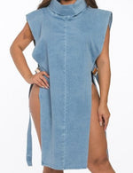 Denim Washed High Collar Dress Women