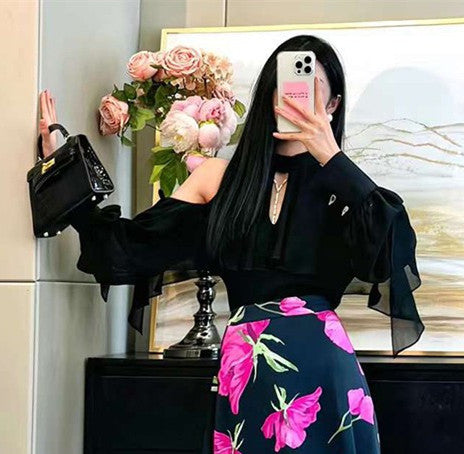 Women's Off-shoulder Halter Shirt Chiffon Top And Skirt