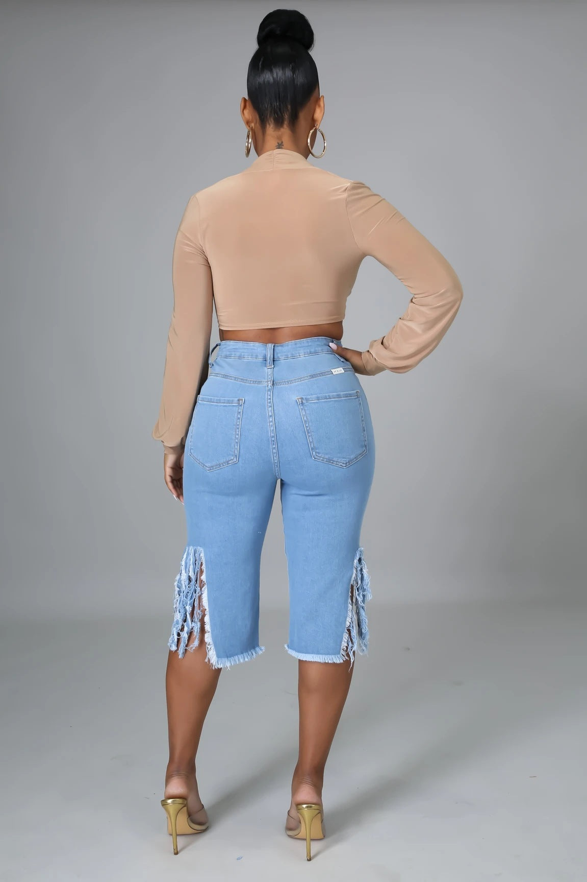 New Style Ripped Elastic Fringed Jeans Women High Waist Knee-length Casual Slim Fit